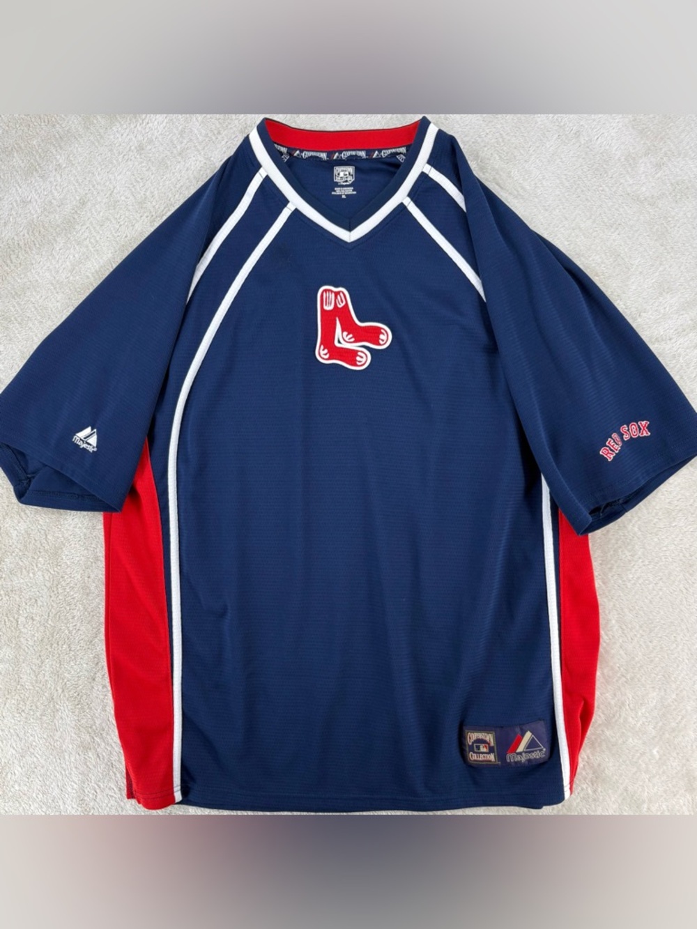 *Boston Red Sox Majestic Men's Jersey Shirt Size XL Blue MLB Athletic V-Neck*
